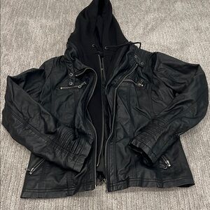 New Black Faux Leather Jacket with Hoodie